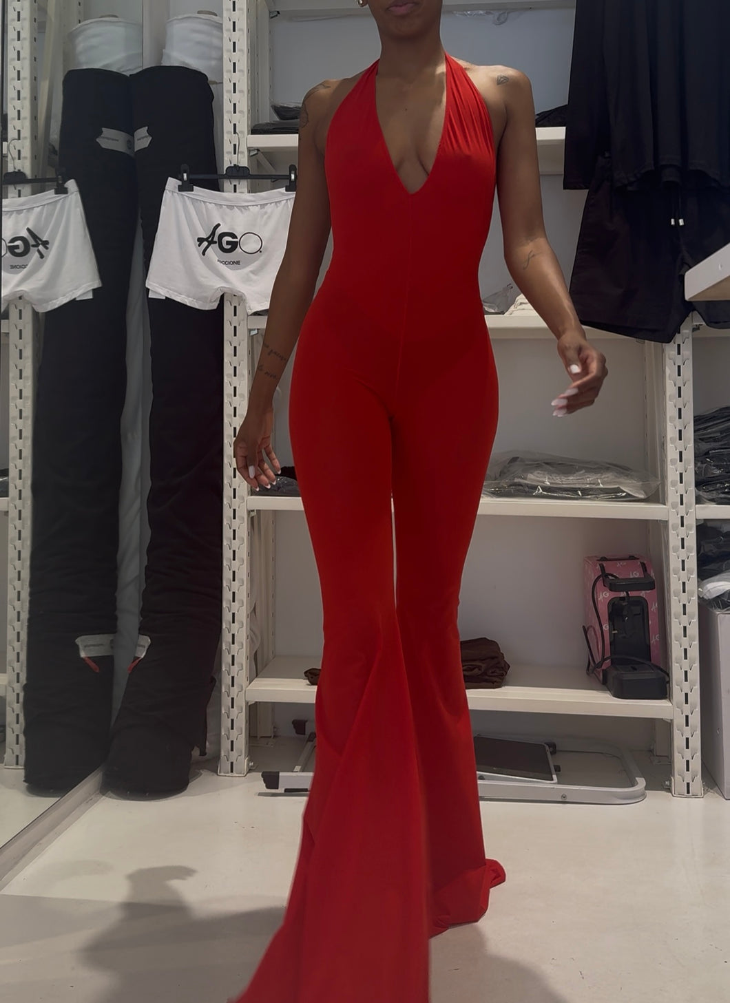 RED V JUMPSUIT LIGHTWEIGHT LYCRA