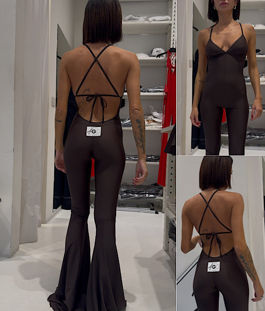 DARK BROWN LYCRA FLARED TRIANGLE JUMPSUIT