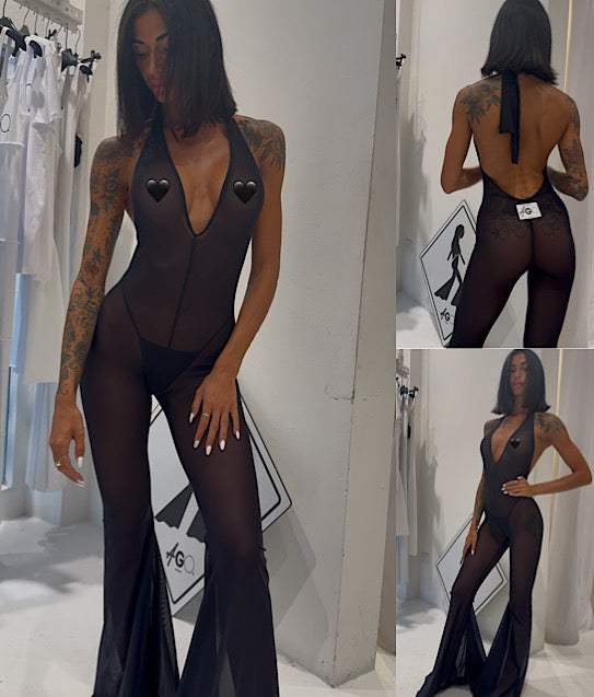 BLACK SHEER V JUMPSUIT